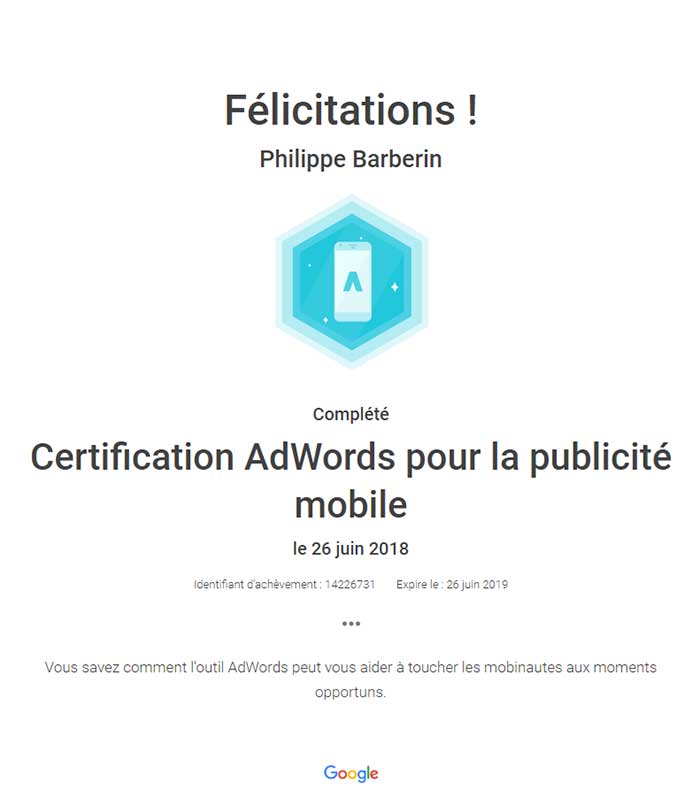 Certification Publicité Mobile Adwords