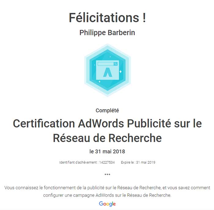 Certification Publicité sur le Réseau de Recherche Adwords